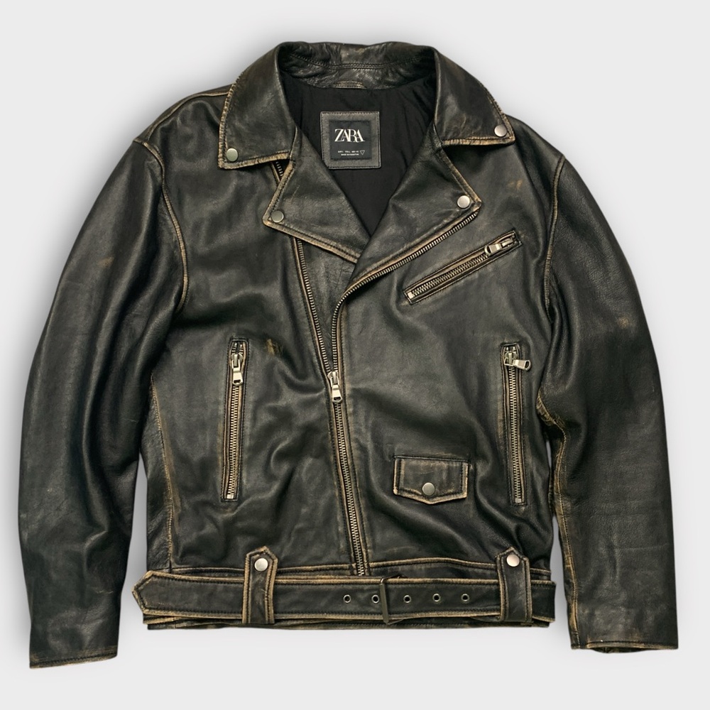 Zara Distressed Leather Biker Moto Jacket - Picture 9 of 16